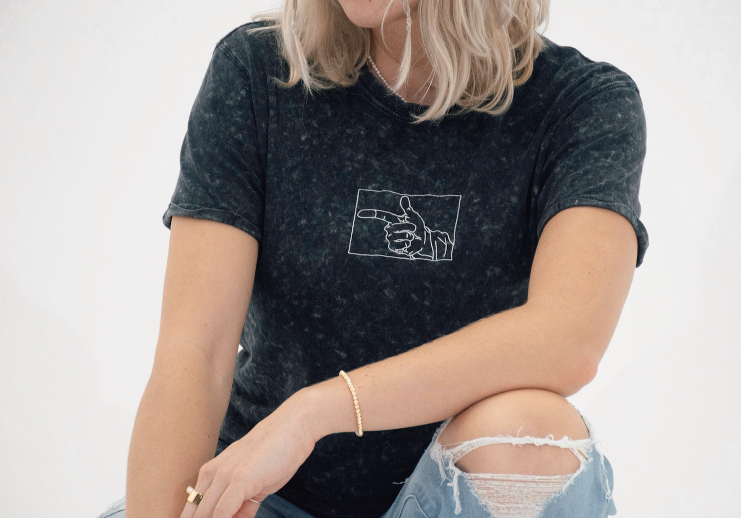 Hand Gun Denim T-Shirt (Embroidered)